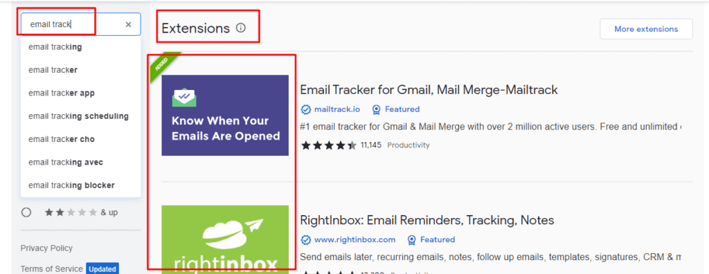 Gmail Chrome Extensions - email track autosuggest extensions