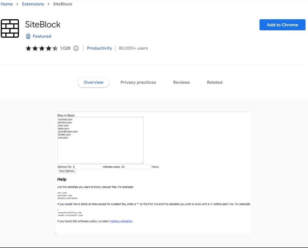 siteblock google extension restricts website access