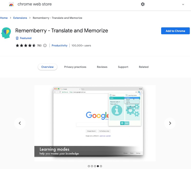 Rememberry - Translation chrome extension
