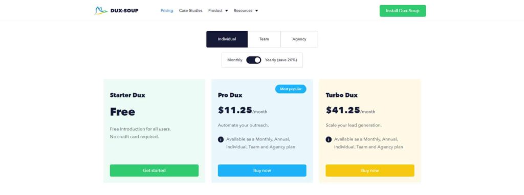 check how dux-soup uses pricing as part of its saas marketing mix